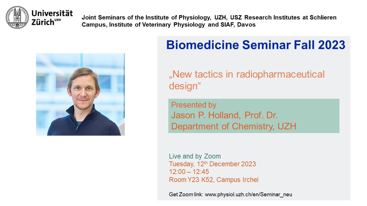 On 12 December, we welcome Prof. Dr. Jason P. Holland <a href="/HollandLab_/">HollandLab</a>  from the Department of Chemistry, UZH in the Biomedicine Seminar Series at <a href="/UZH_en/">University of Zurich</a>

This joint seminar is hosted by @mikadolab and open to all!

Zoom link: uzh.zoom.us/j/65110053450?…