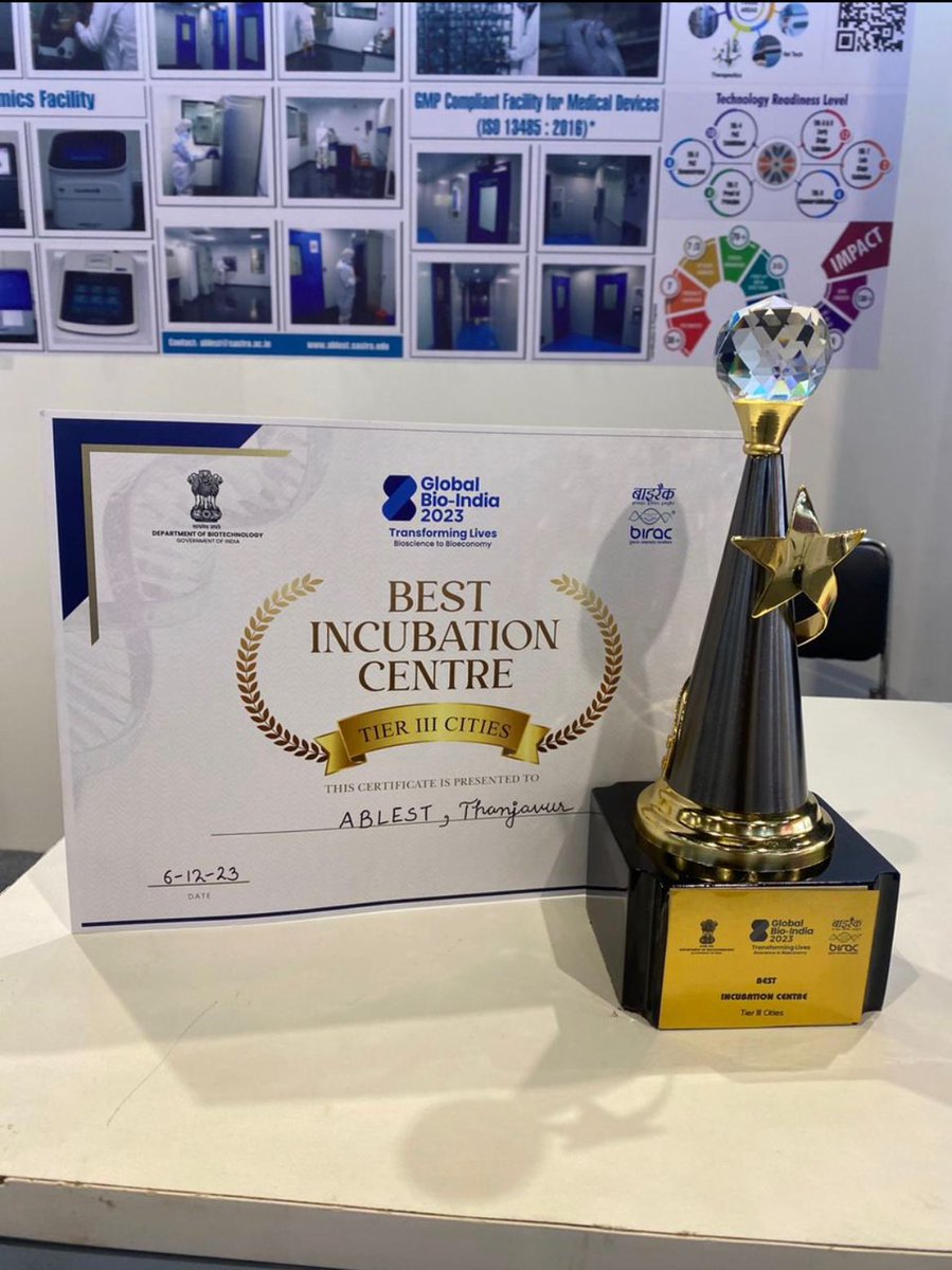 ABLEST_SASTRA's tweet photo. The award not only validates our commitment to bio-innovations in underserved regions but also inspires us to continue fostering a thriving ecosystem for ground-breaking discoveries. @tnbiocluster @SVaidhyasubrama @SastraUniv https://t.co/fQaPxzuk3U