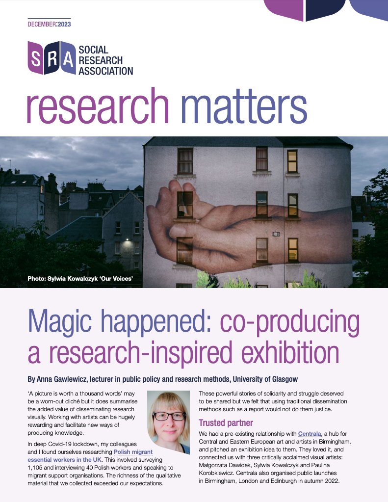 Fantastic to see a piece by our own @AnnaGawlewicz open the winter edition of the Research Matters magazine @TheSRAOrg 💪 The piece looks at the experience of producing the @MigrEssentWork-inspired exhibition with artists & community partners 📷 Read 👉 the-sra.org.uk/common/Uploade…