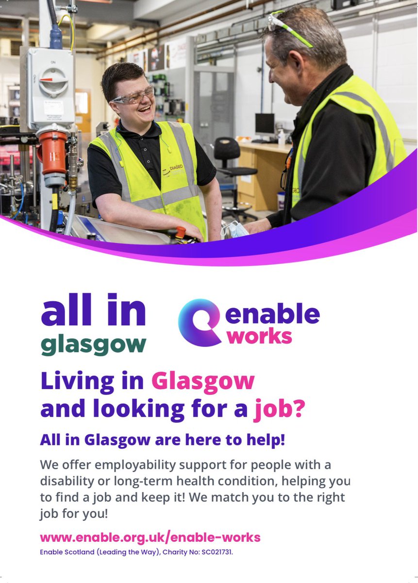 #allinglasgow can support you with finding a job. 

Get in touch if you live in Glasgow and have a disability or long-term health condition.
@Enable_Tweets