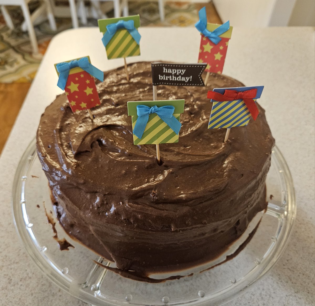 Heart healthy? Homemade dark chocolate cake with dark chocolate icing for my husband's birthday this past Monday. Prescription: 1 slice/day until prescription is complete.