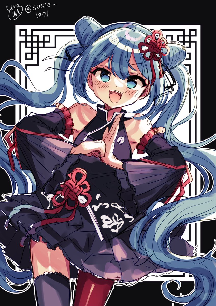 hatsune miku 1girl solo detached sleeves twintails thighhighs long hair open mouth  illustration images