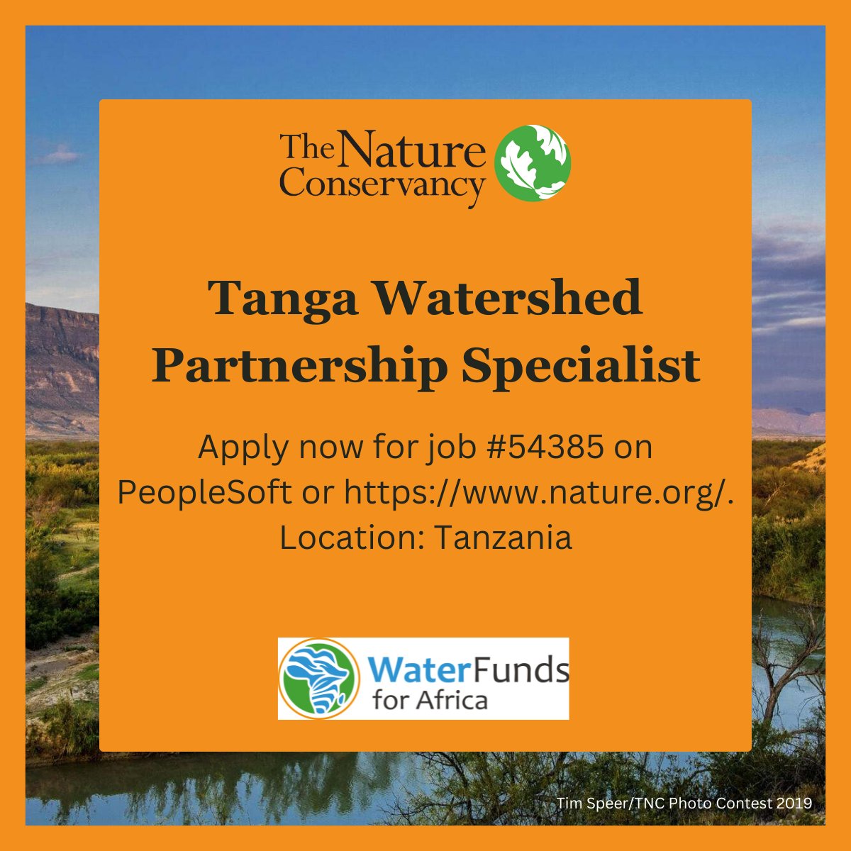 WaterFundAfrica's tweet image. We are hiring! 📢

We're looking for a Tanga Watershed Partnership Specialist to work closely with stakeholders in the wider coastal region.

To apply for job ID 54385, submit your materials online by using the Apply Now button at nature.ly/3TaiRuk

#TNCJobs
