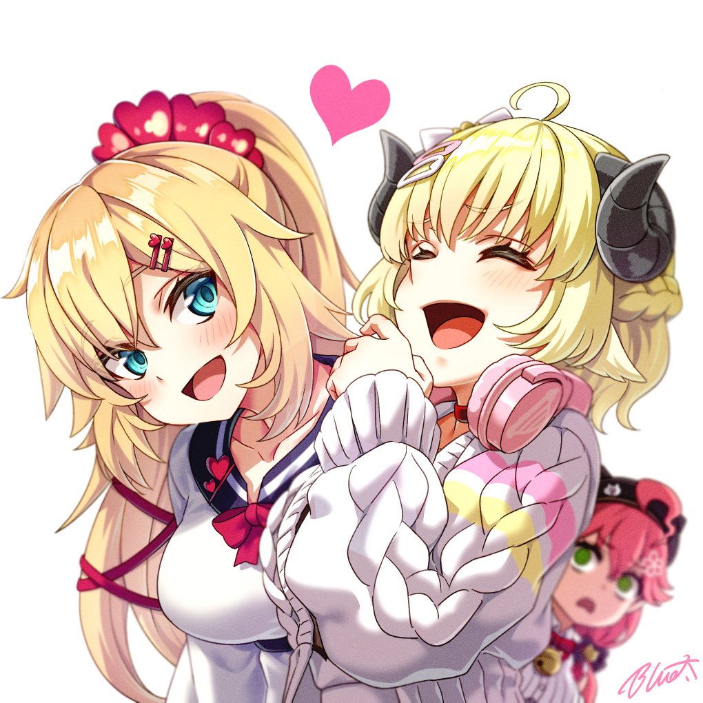 akai haato ,sakura miko ,tsunomaki watame multiple girls blonde hair 3girls hair ornament heart horns sheep horns  illustration images