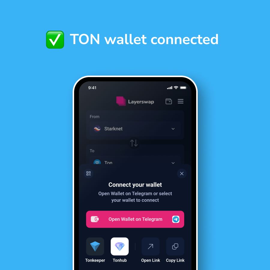 💎 Connect your #TON wallet to Layerswap and enjoy fast transfers to <a href="/ton_blockchain/">TON 💎</a>! 

🔗 <a href="/wallet_tg/">Wallet in Telegram</a> , <a href="/tonkeeper/">Tonkeeper</a>, <a href="/openmask_wallet/">OpenMask Wallet</a> and all other wallets are supported 👇
layerswap.io/app?to=ton_mai…