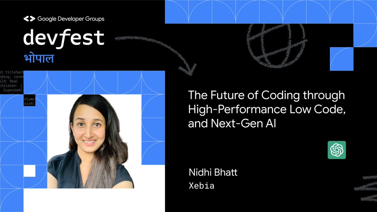 Come together w us to welcome Nidhi Bhatt✨, Global Alliance Manager at Xebia, as a distinguished speaker at DevFest Bhopal'23!  Dive into her talk on The Future of Coding through High-Performance Low Code and Next-Gen AI 👩‍💻🧑‍💻
Let's swim together into the coding frontier.🥰