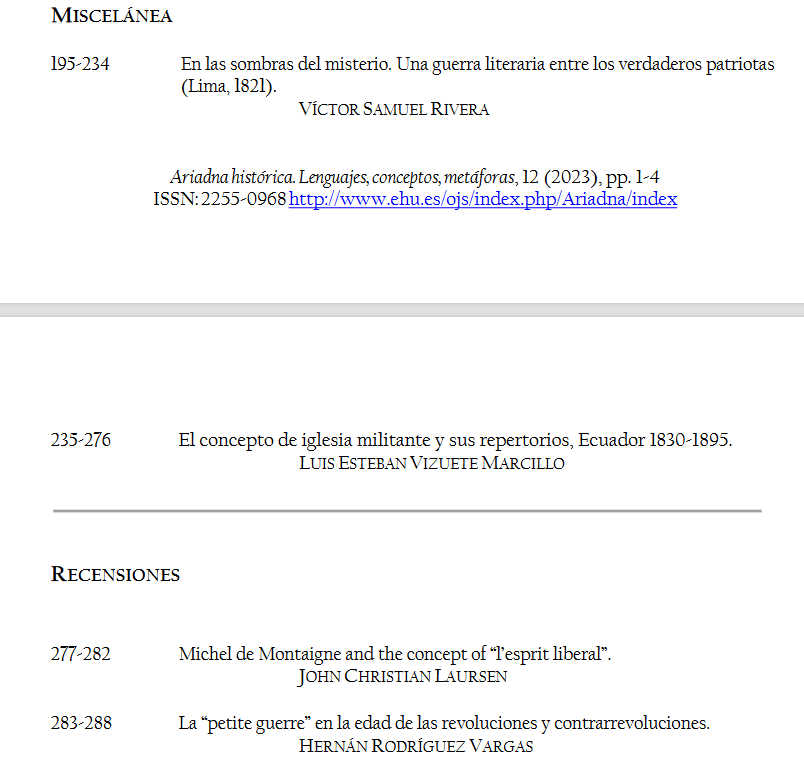 Qué bueno está el nuevo número (12) de #AriadnaHistórica (2023) con un dossier organizado por @Francis57614686 sobre el concepto 'paz' en Colombia. Incluye, entre otras cosas, abordajes a los conceptos de guerrilla y buen orden (desde el XVIII) 👉ojs.ehu.eus/index.php/Aria…