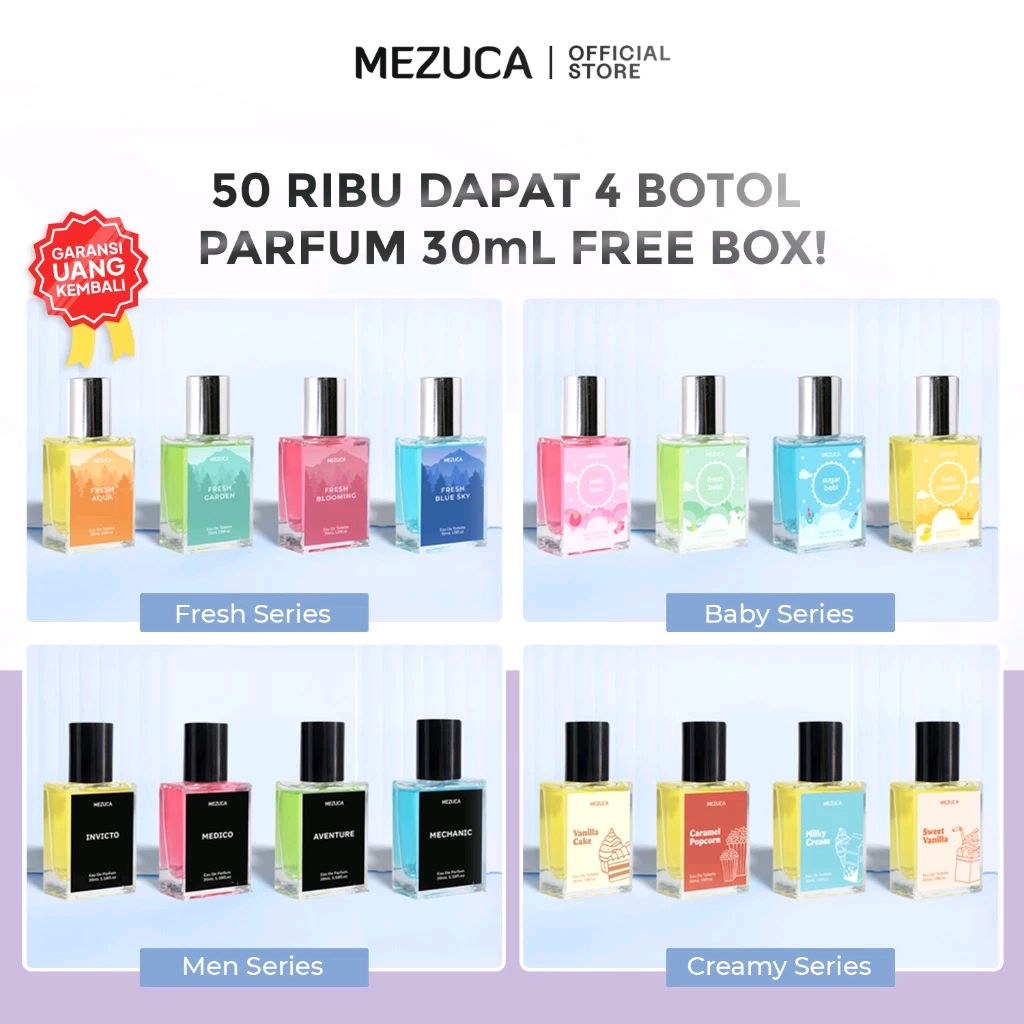 SptAy_24's tweet photo. Cek Dapat 4 Parfum Mezuca 30ml FREE BOX Eau de Parfume EDP BPOM Minyak Wangi Tahan Lama dengan harga Rp50.000. Dapatkan di Shopee sekarang! https://t.co/FyjnWBqzzR https://t.co/RbejsVywn1
