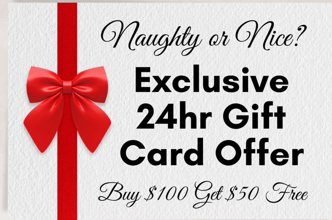 ThePastaTree's tweet image. 🥳🎉WE ARE LIVE🎄🍝.                    Naughty or Nice? Exclusive 24hr Gift
Card Offer
Buy $100 Get $50 Free

toasttab.com/the-pasta-tree…

This exclusive offer is valid TODAY only. Your $100 e-gift card must be purchased on 12/6/23 in order to receive your promo code for a free $50