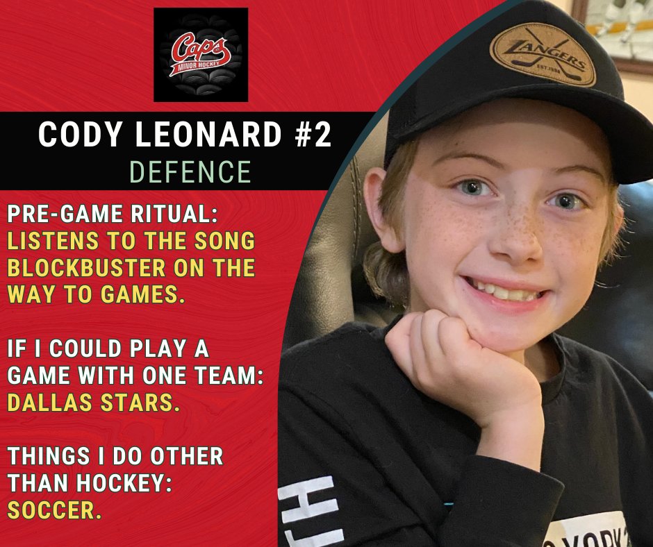 Caps_U13C's tweet photo. Introducing one of our Assistant Captains, #2 Cody Leonard! Opponents, beware! On and off the ice, Cody leads by example. Whether mentoring younger players, rallying the team in tough moments, he is a backbone of our defensive unit and our team. #TeamPlayer #capsu13c https://t.co/7y84ciniN4