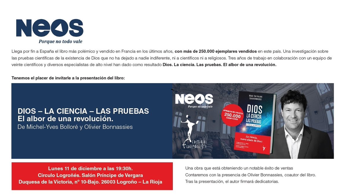 AsinOne's tweet image. Con un lenguaje accesible a todos, los autores de este libro relatan, ofrecen un panorama riguroso de las nuevas pruebas de la existencia de Dios. ¿Creer en un Dios creador es todavía posible? Ven a la presentación Inscríbete en este enlace: neos.com.es/gqvfa