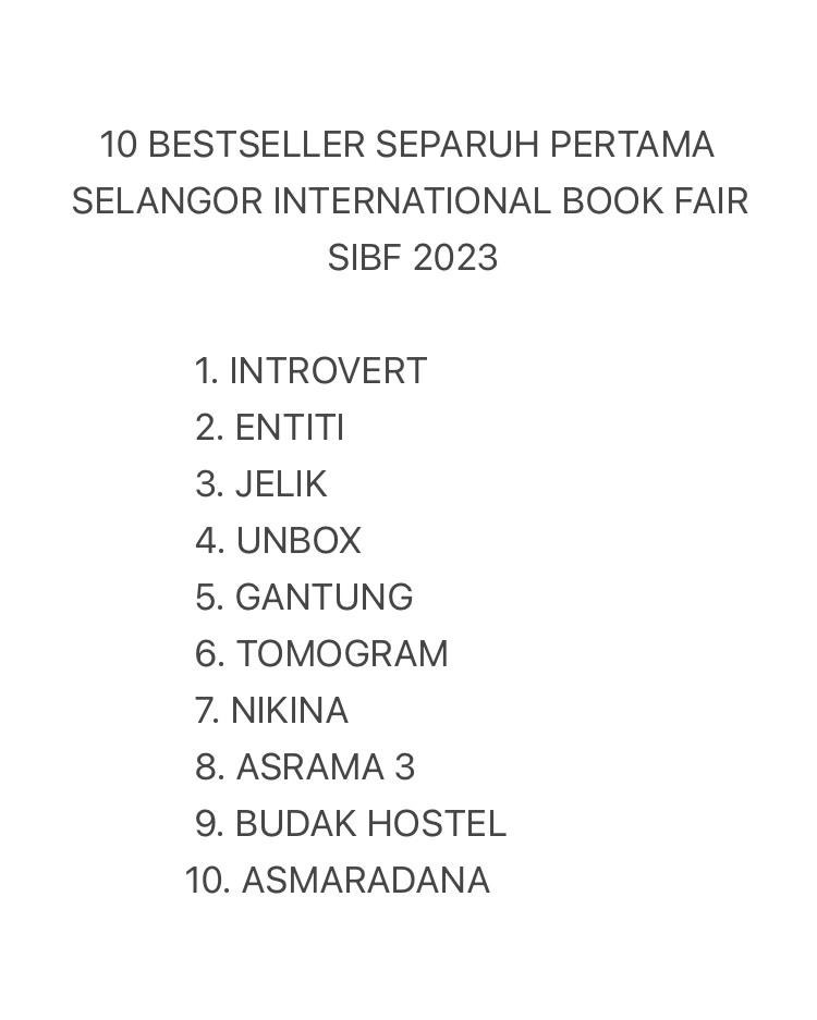 BukuFixi's tweet photo. Bestsellers separuh pertama #kembaraFixiSIBF2023.
Tahniah @abstrakim @AriffAdlyyy @yo_sapit @IsmiFaIsmail @MuhammadFatrim @neddokhan @HasrulRizwan @MimieyLoma
Jumpa besok! https://t.co/Wxc6lf7PLV