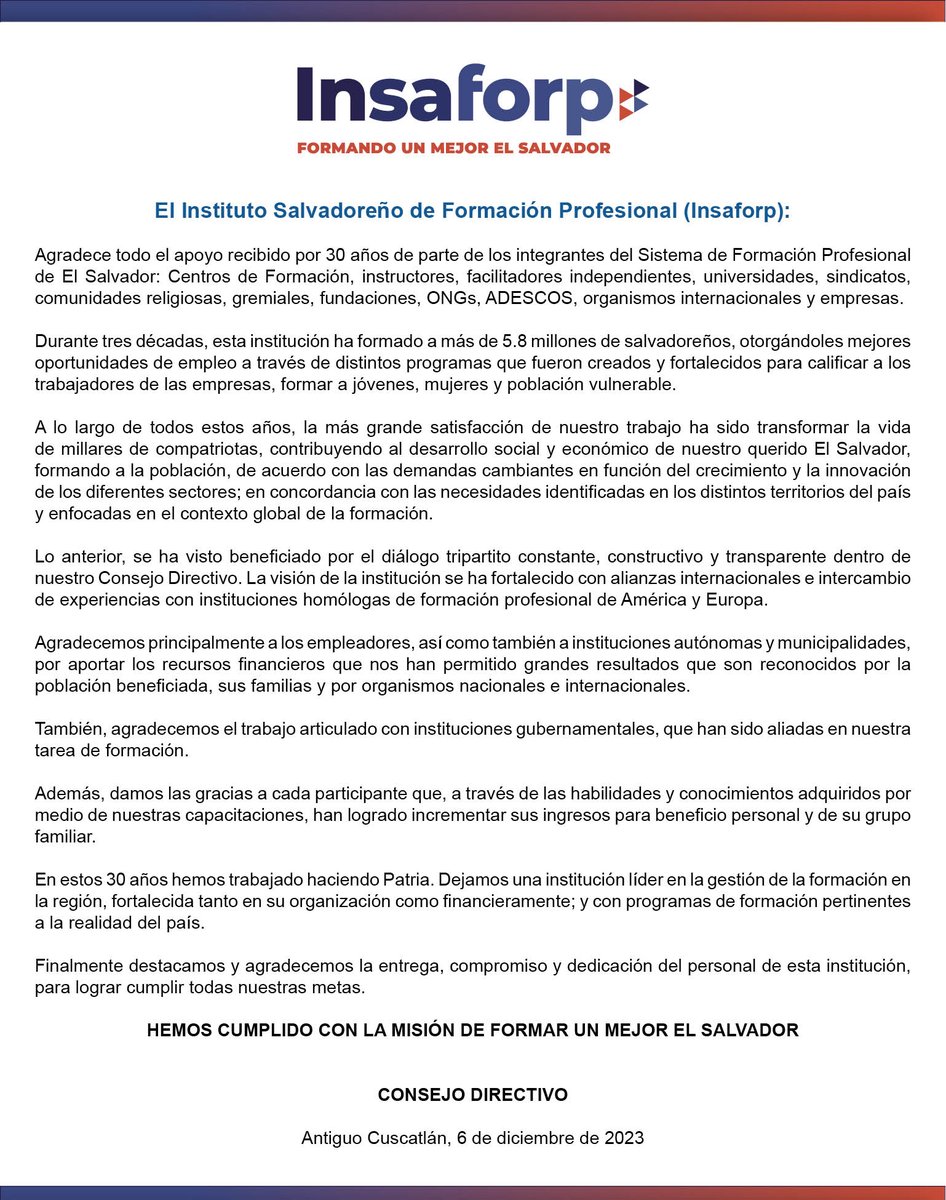 Agradecemos a toda la población.