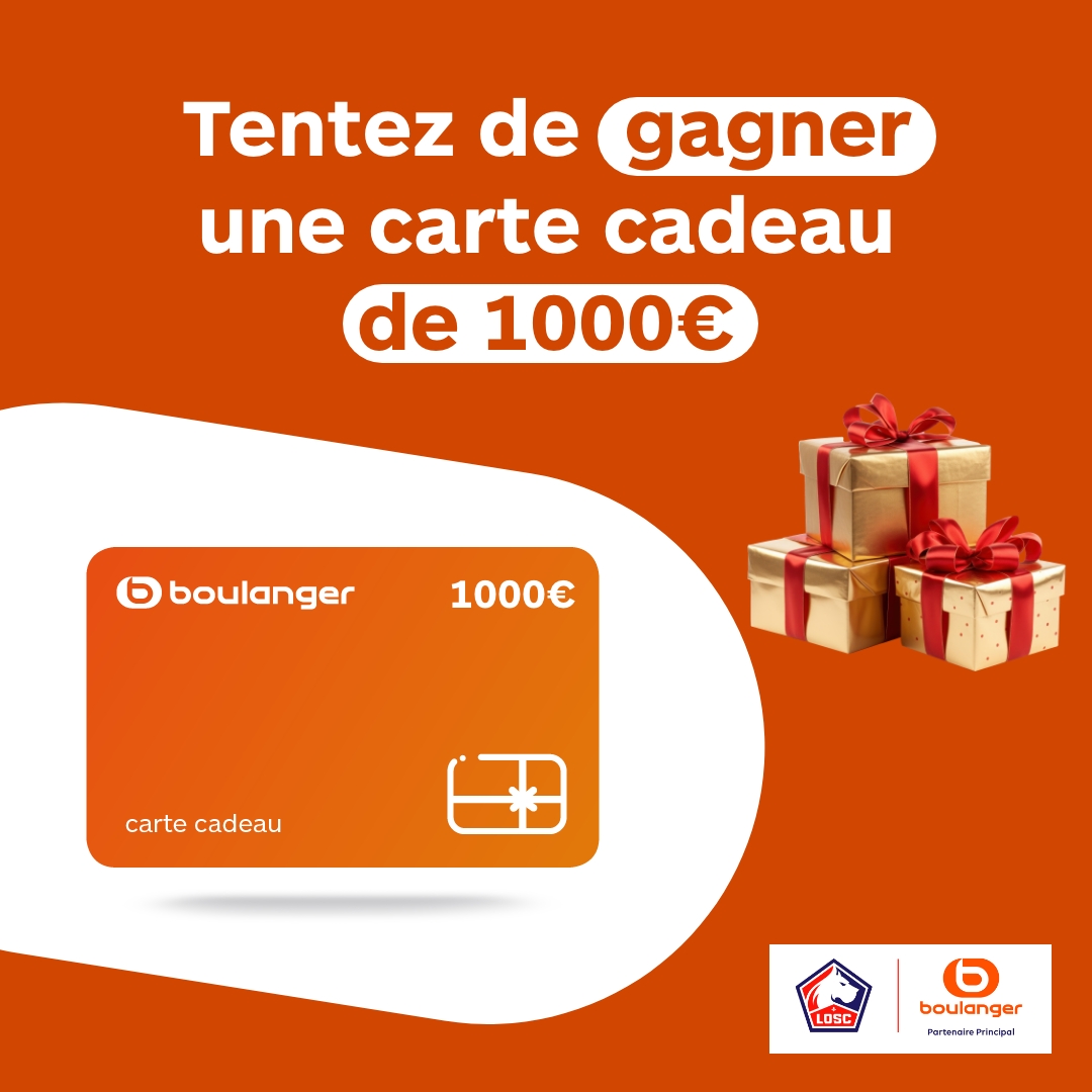 A l'occasion des fêtes de fin d'année, notre partenaire principal <a href="/boulanger/">Boulanger</a> vous fait gagner une carte cadeau Boulanger d'une valeur de 1000€ !! 🎁

Pour jouer :

👉 Follow <a href="/boulanger/">Boulanger</a> et <a href="/losclive/">LOSC</a>

👉 Mentionnez un proche qui aimerait aussi en profiter et ajoutez le hashtag
