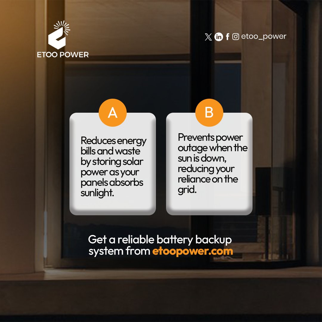 etoopower's tweet photo. With our quality battery backup systems, your home can enjoy uninterrupted light and prevent dependence on the grid.
.
.
.
#solarpower
#Sustainability 
#etoopower
#poweroutages https://t.co/1s1y3EwmA0