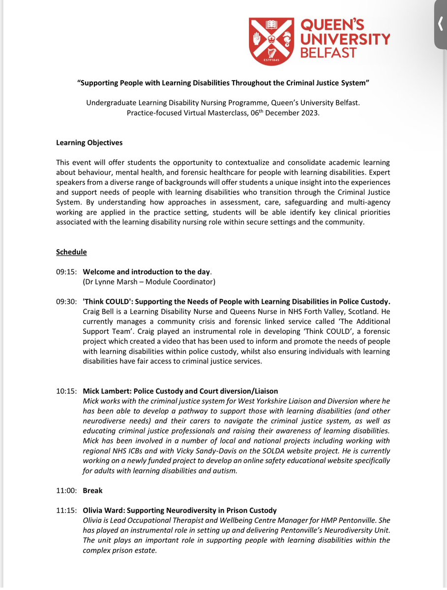 QUBLDN's tweet image. Today we  host our #StudentMasterclass “Supporting People with Learning Disabilities Throughout the Criminal Justice System”. A fantastic learning event which gives learning disability nursing students access to field specific knowledge and expertise from across the UK 💪💪💪