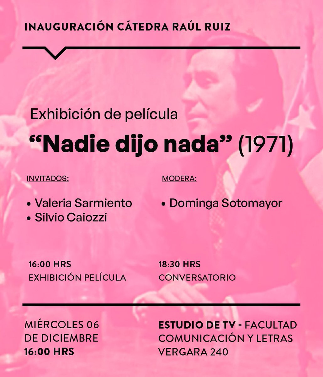 camarindu's tweet photo. Hoy a las 16h, se inaugura la Cátedra Ruiz c/ “Nadie dijo nada” + una conversación con Valeria Sarmiento y Silvio Caiozzi moderada x Dominga Sotomayor.

Este nvo. lugar de encuentro, celebrará la obra d RR y el cine ppmente tal. 

El 2024 contempla sorpresas pa saltar de emoción. https://t.co/AJpFmIogQ9