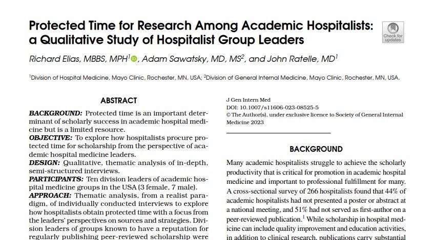 JournalGIM's tweet photo. Are you an academic #hospitalist looking for how to get protected time for research? Read this qualitative study to learn what leaders in hospital medicine had to about getting that coveted #protectedtime @drrichardelias https://t.co/qjJrBf34EN https://t.co/GsTlR4ngBQ