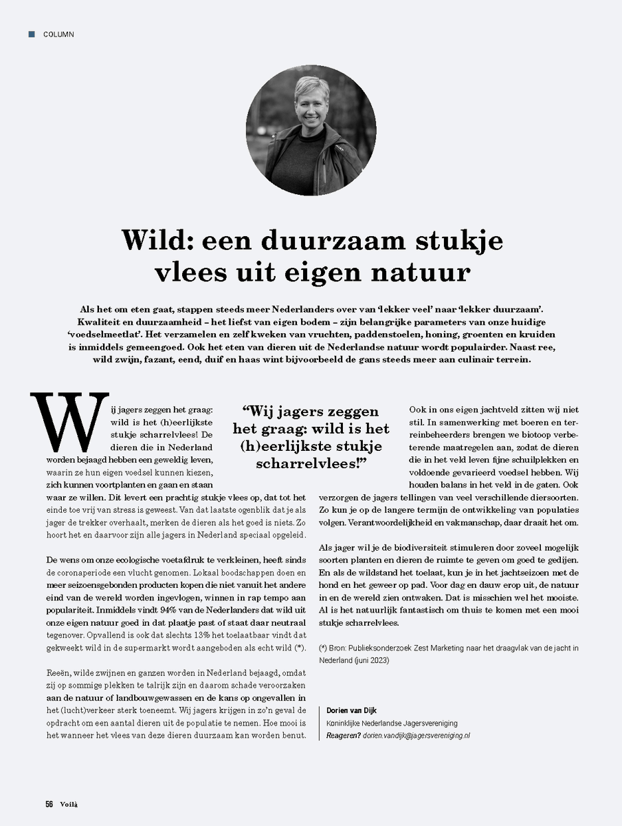 Onlangs verscheen een mooi artikel over (h)eerlijk vlees in Voila magazine. Dit magazine wordt samen met de dagkrant bij alle abonnees van De Limburger in geheel Limburg verspreid. Je leest het artikel op pag. 56 👉
lnkd.in/eqitJ7cs

#jagersdoenmeer