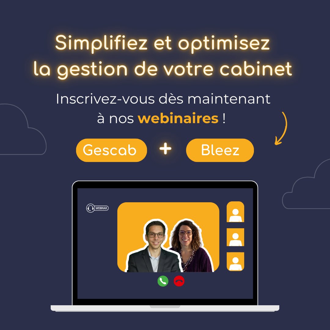 👩‍💻 Vous souhaitez simplifier la gestion de votre cabinet et augmenter votre rentabilité ?

📅 Webinaire Bleez, RDV le 11/12/2023 de 11h à 12h

📅 Webinaire Gescab, RDV le 15/12/2023 de 11h à 12h

#Webinaires #Bleez #LogicielDeGestion #comptabilité