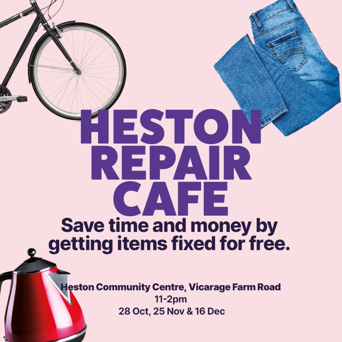 Would you like to save time/££ by getting items fixed for free? @HestonRepairCaf runs repair workshops each month. ➡️Bring your broken bike, clothes, small appliances & learn how to fix them yourself. Next event: Sat 16 Dec, 11-2pm #RepairDontReplace #Sustainability