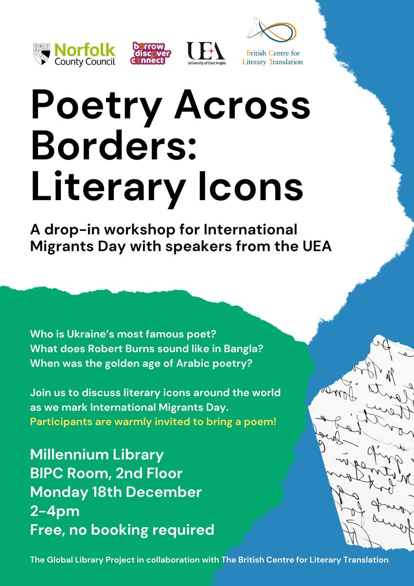 Join us to discuss Literary Icons around the world as we mark International Migrants Day at 'Poetry Across Borders', a drop-in workshop at the Millennium Library, Norwich. Monday 18 December, 2 - 4pm No need to book - More info here: facebook.com/events/9992566…