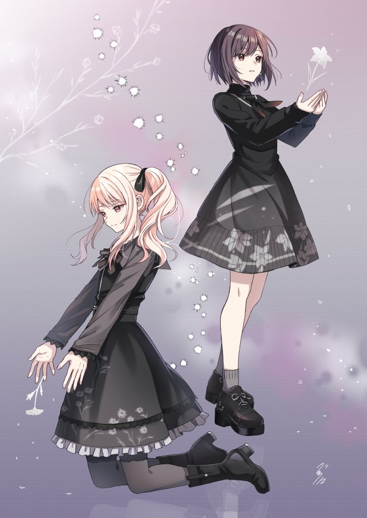 akiyama mizuki ,shinonome ena 1other dress pink hair black footwear kneeling 1girl ribbon  illustration images