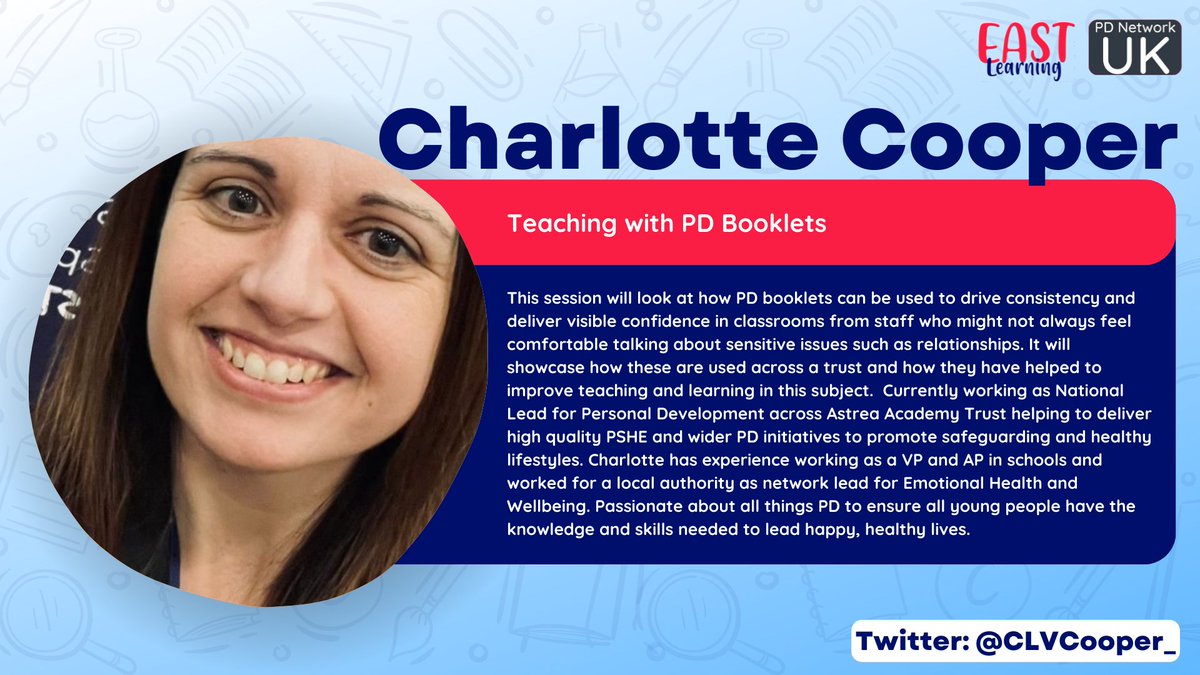 PDNetworkUK's tweet image. REALLY excited that @CLVCooper will be joining us at #PDConf24😃Charlotte is #PersonalDevelopment Lead across all @astreaacademies &amp;amp; will be talking about #booklets &amp;amp; how they have been implemented across Astrea schools🏫
Tickets here! pdconf24.eventbrite.co.uk