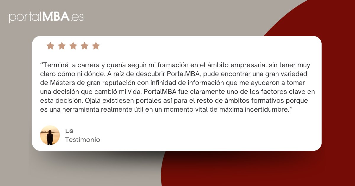 🎉 ¡Qué felices somos recibiendo testimonios como este!

Nos esforzamos cada día por ofrecer la mejor oferta e información sobre los mejores másteres MBA de España, y saber que hemos sido de ayuda nos impulsa a seguir mejorando.

#testimonio #alumno #PortalMBA #MBA #formacion