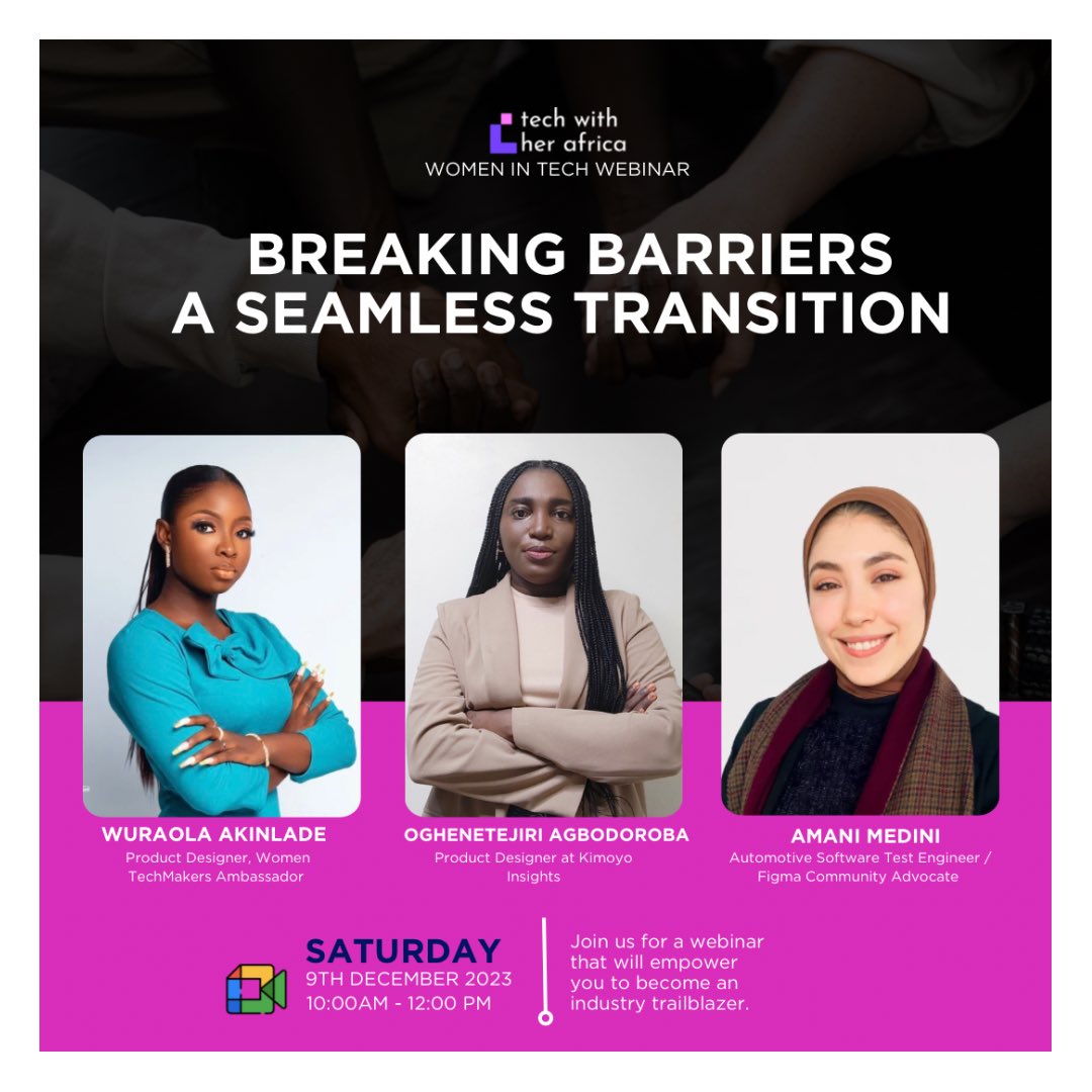 techwithher_a's tweet image. @techwithher_a enriching Women in Tech Webinar!✨

Explore the transformative stories of speakers navigating their journey into tech. 

Insights, and empowering discussions with @Wuraolakinlade @emaliasia_  @ameni_medini 

Be there👇

#techwithherafrica #womenintech #womeninstem