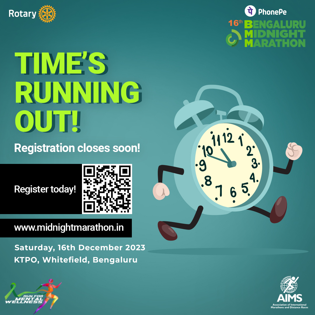 Join the excitement of the PhonePe Bengaluru Midnight Marathon! Hurry, registrations are filling up fast. Register here: bit.ly/3FCqqST

#BMM #FitIndia #marathon #marathon2023 #running #RegisterNow #runformentalwellness #nammabangalore