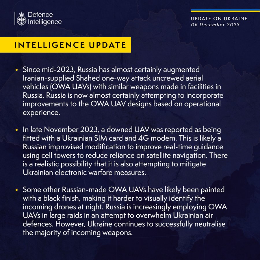 Latest Defence Intelligence update on the situation in Ukraine - 6 December 2023. Please read thread below for full image text.
