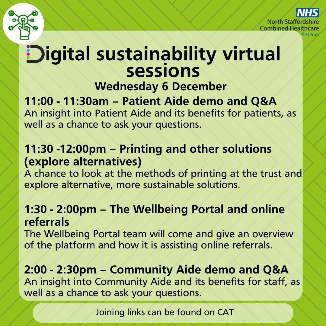 CombinedNHS's tweet photo. A reminder for staff and colleagues about the four digital-themed virtual sessions taking place today for #GoGreenGoDigital sustainability awareness week, the first of these starts in an hour's time!

The joining links can all be found on CAT, search 'Go Green Go Digital'. https://t.co/eZVrnVCIul