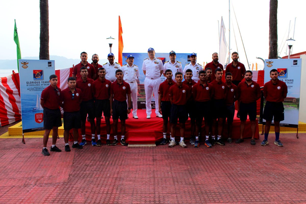 indiannavy's tweet photo. RAdm Rahul Vilas Gokhale, ACOP (HRD) flagged of the Ocean Sailing Expedition, on #06Dec 23 to commemorate 75 glorious yrs of #NationalDefenceAcademy.

#IndianNavy's three INSVs - Mhadei, Bulbul &amp; Neelkanth with NDA cadets &amp; NDA Alumni Naval Officers will sail from Goa to Kochi. https://t.co/qx2LabN7bT