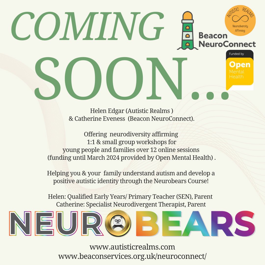 Excited to be able to share this! I will be working with Beacon NeuroConnect to deliver the wonderful #NeurodiversityAffirming #NeuroBears course. Helping you & your family understand autism & develop a positive autistic identity! 🌈 🐻‍❄️ 🐻 🐼 💗 @nicolaleaking @beacon_families