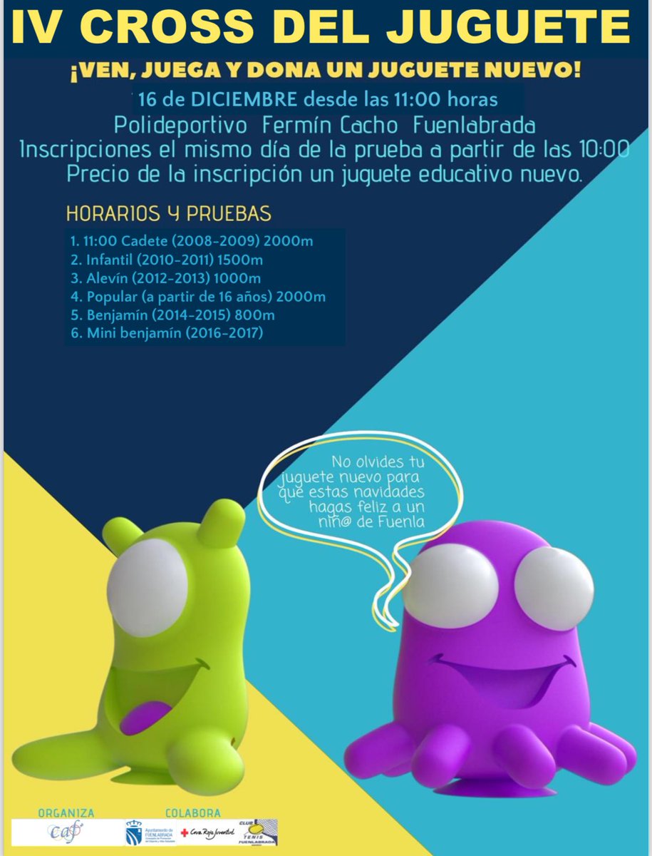 El próximo sábado 16 de diciembre celebraremos el Cross del Juguete en el polideportivo Fermín Cacho. Ven a divertirte con nosotros por una causa solidaria! 🧸🏃🏽🏃🏽‍♀️