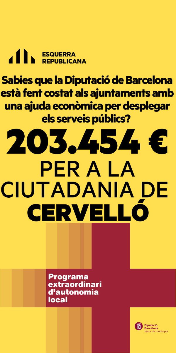 📢 Des de la <a href="/diba/">Diputació de Barcelona</a> i amb la feina d'en @josepramonmut aconseguim més de 200.000€ per fer costat a la ciutadania de #Cervelló

Per un #CervellóDePrimera🟡🟢