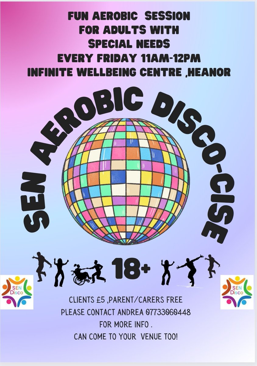 Check out this great event taking place every Friday in Heanor, Derbyshire. Call 07733 060448 or email discospecialneeds@gmail.com for more information

@VisitDerby @DD_Derby @nimbusdis @cosyfund
@unitedresponse @Derbyshirecc @DerbyCC @derbycollege @ig_author @drummerboy64