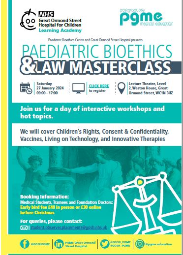 Register here for Paediatric Bioethics &amp; Law Masterclass before Christmas for an early bird discount! courses.gosh.org/event/paediatr… 

We will cover: 
- Children's Rights 
- Consent and Confidentiality  
- Vaccines 
- Living on Technology 
- Innovative Therapies