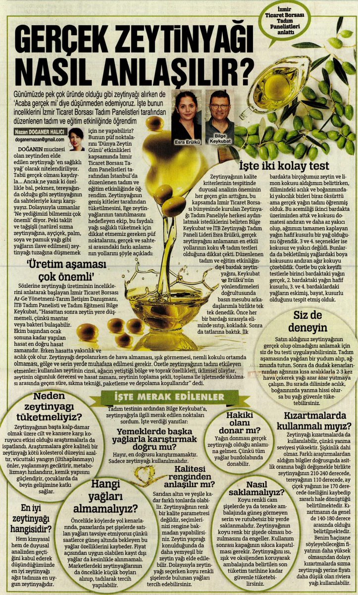 bilgekeykubat's tweet image. İzmir Ticaret Borsası Zeytinyağ Tadım Paneli olarak bugün Sözcü Gazetesinde Nazan Doğaner Halıcı’nın sayfasındayız. 

Tabiiki konumuz zeytinyağı ve zeytinyağ tadımı

#zeytinyağ #zeytinyağtadımı #sözcügazetesi #Türkzeytinyağı #zeytinyağtadımuzmanı 

sozcu.com.tr/gercek-zeytiny…
