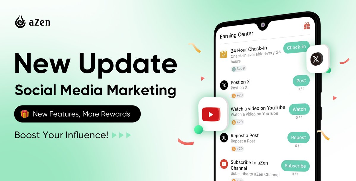 📢 Exciting Update!  
<Social Media Marketing> Module is live !🔥

Check your Earning Center now and explore the latest social media marketing tasks! 🚀💡

⏲️It's time to turn your everyday social media activity into earnings💸!

Haven’t got aZen?   
Join us now: 
💡Android: