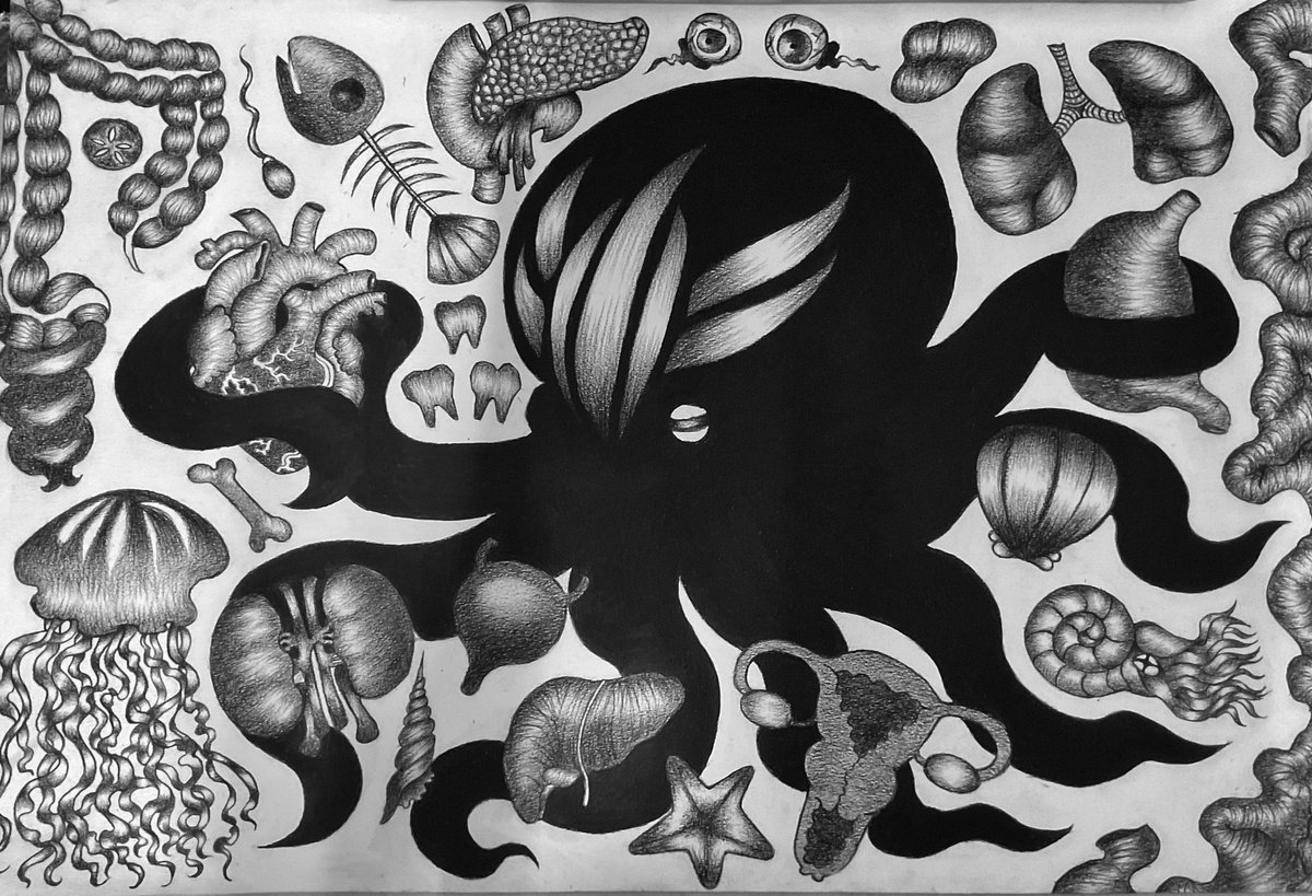 🐙+🫀+🫁+🧠+👅+👁️+🦷…
#CreativeDrawing #Drawing #Sciart #TraditionalArt #Octopus #organ