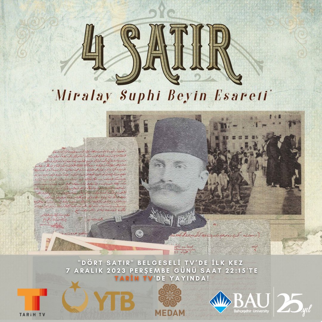 BAUMedam's tweet photo. “Dört Satır” Belgeseli 7 Aralık Perşembe(yarın) günü 22:15’te TV’de ilk kez Tarih TV’de!

Tekrar Yayın Programı

8 Aralık 2023 Cuma 04:00
8 Aralık 2023 Cuma 10:00
8 Aralık 2023 Cuma 16:00
10 Aralık 2023 Pazar 22:00
11 Aralık 2023 Pazartesi 10:00
@yurtdisiturkler @tarihtvcomtr https://t.co/4gFfKMdvBQ