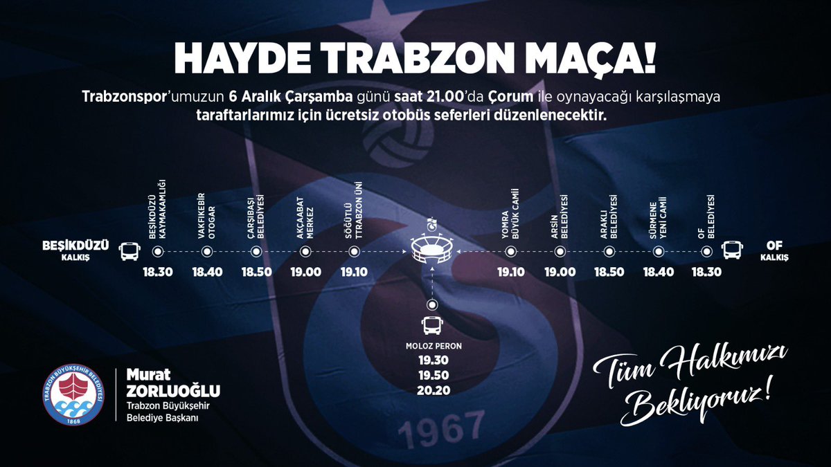 #Trabzonspor’umuzun bugün Çorum FK ile oynayacağı Türkiye Kupası maçı için otobüs seferleri düzenlenecektir.🚍 #TSvÇFK