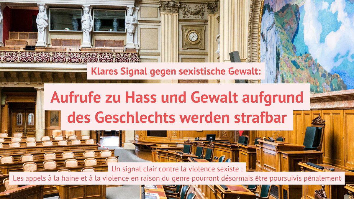 Geldstrafe oder bis zu 3 Jahre Freiheitsstrafe: Künftig werden Aufrufe zu Gewalt und Hass aufgrund des Geschlechts juristisch gleich behandelt wie #Gewaltaufrufe aus rassistischen, antisemitischen oder homophoben Gründen. Das hat das #Parlament am Mittwochmorgen entschieden.