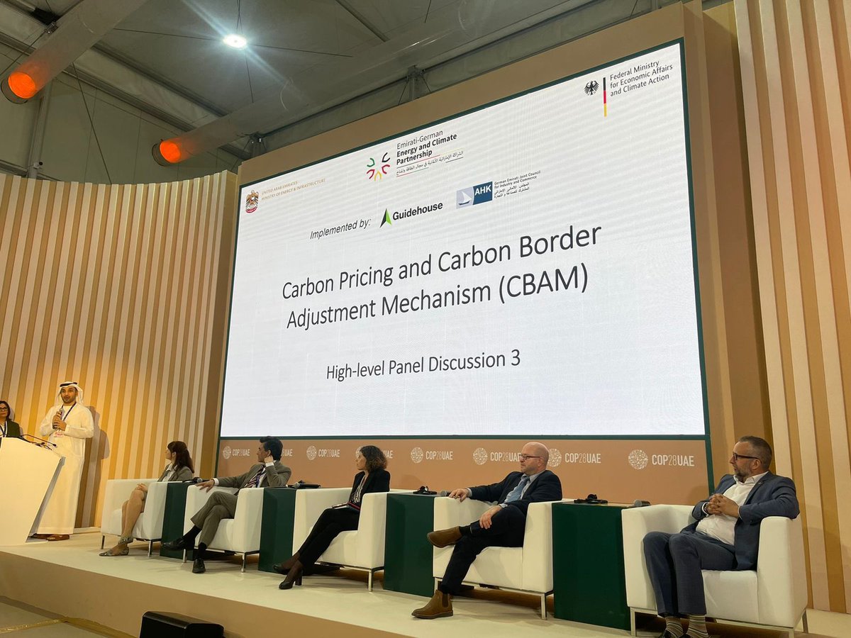 At #COP28, Ambassador Ahmed Alattar <a href="/VAEAMBDE/">Ahmed Alattar</a> participated at the “Carbon Pricing &amp; Carbon Border Adjustment Mechanism” High Level Panel Discussion that brought together Emirati and German policy makers &amp; experts from climate research and environment agencies to discuss this