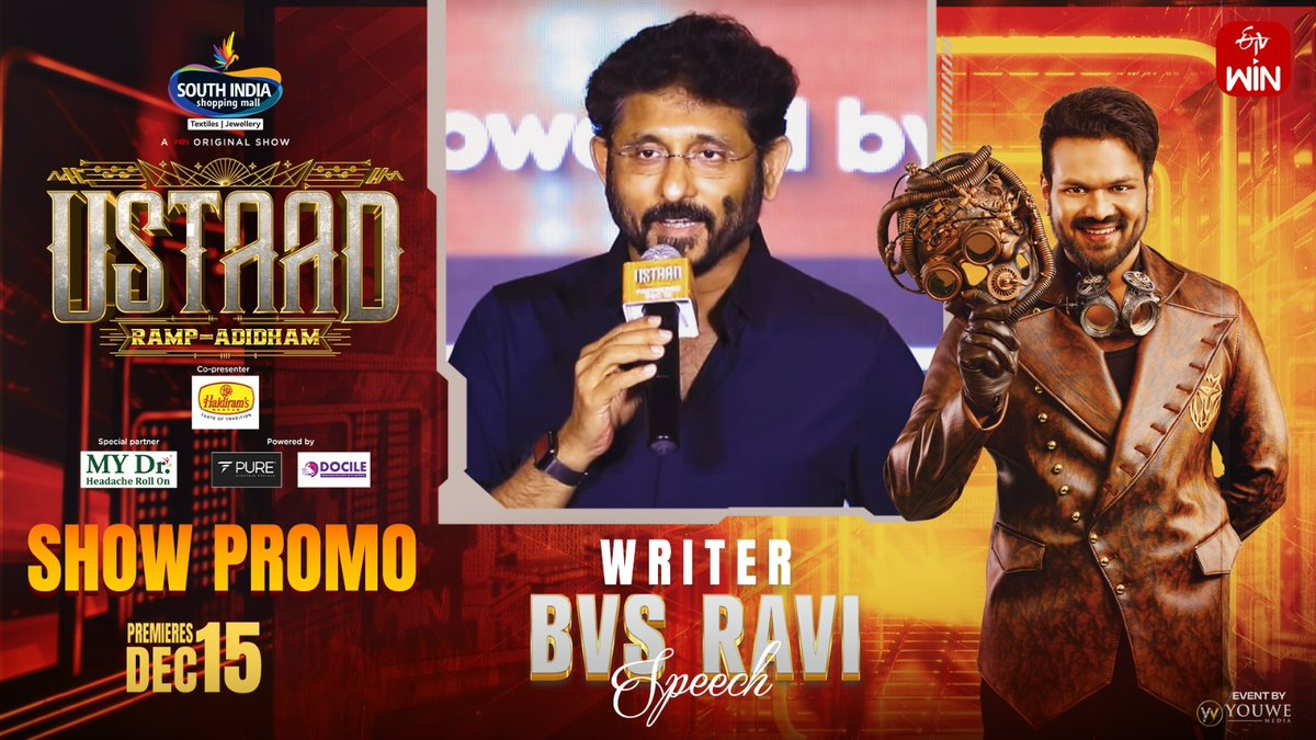 UrsVamsiShekar's tweet photo. Writer @BvsRavi Speech @ #Ustaad Ramp Adidham Show Promo Launch Event✨
▶️https://t.co/Zw7DZFPgnc
Rocking ⭐️ #ManchuManoj @peoplemediafcy @vishwaprasadtg @vivekkuchibotla @UrsVamsiShekar @MediaYouwe
#RampAddidham #ETVWin #WinThoWinodham https://t.co/DJcLlyxWAF
