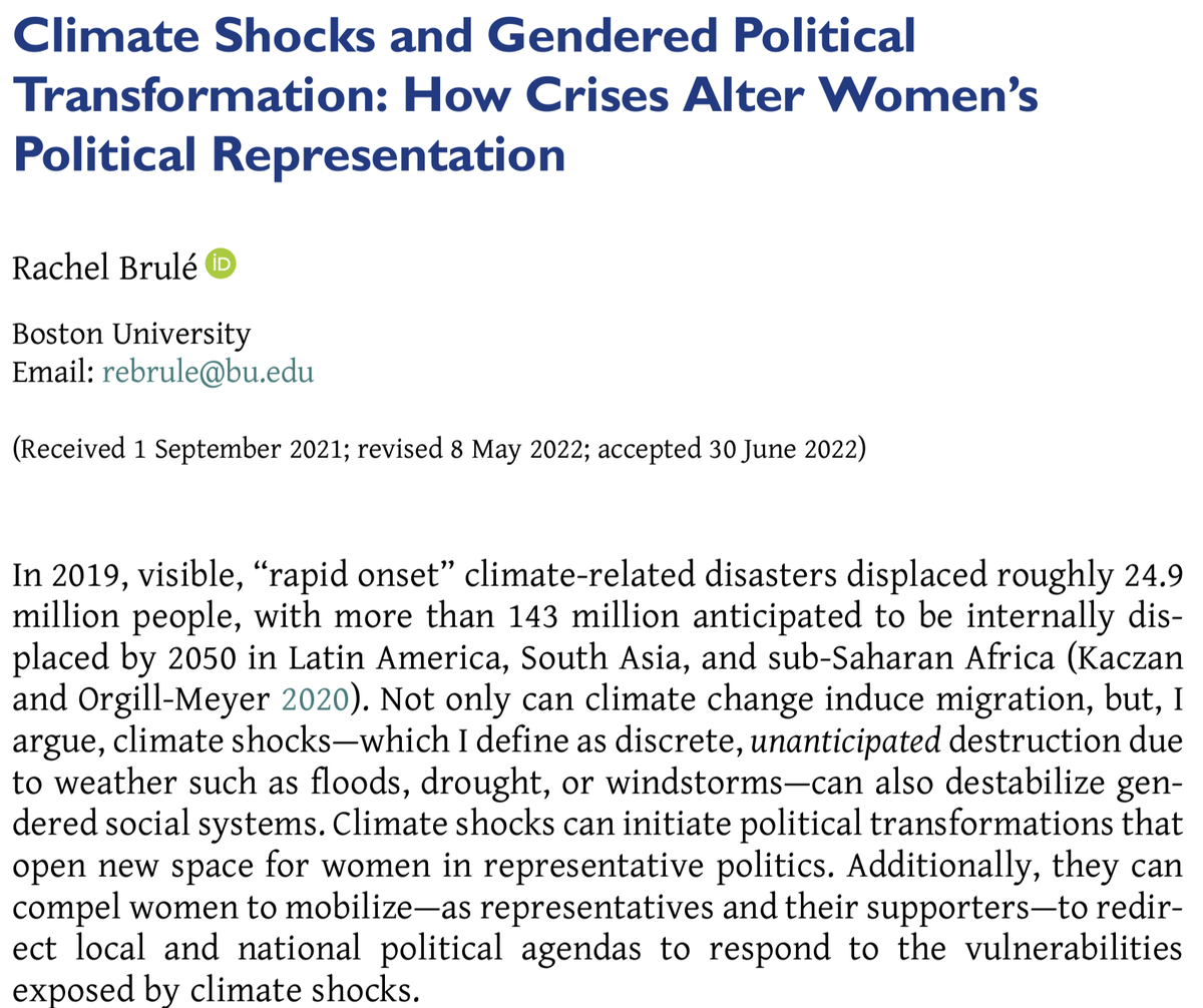 🌍Climate change is a women's issue!🌍 In 'Climate Shocks and Gendered Political Transformation,' @BruleRachel explores how climate emergencies can destabilize gendered social systems & inspire women to mobilize politically #COP28 Full text ⤵️ cambridge.org/core/journals/…