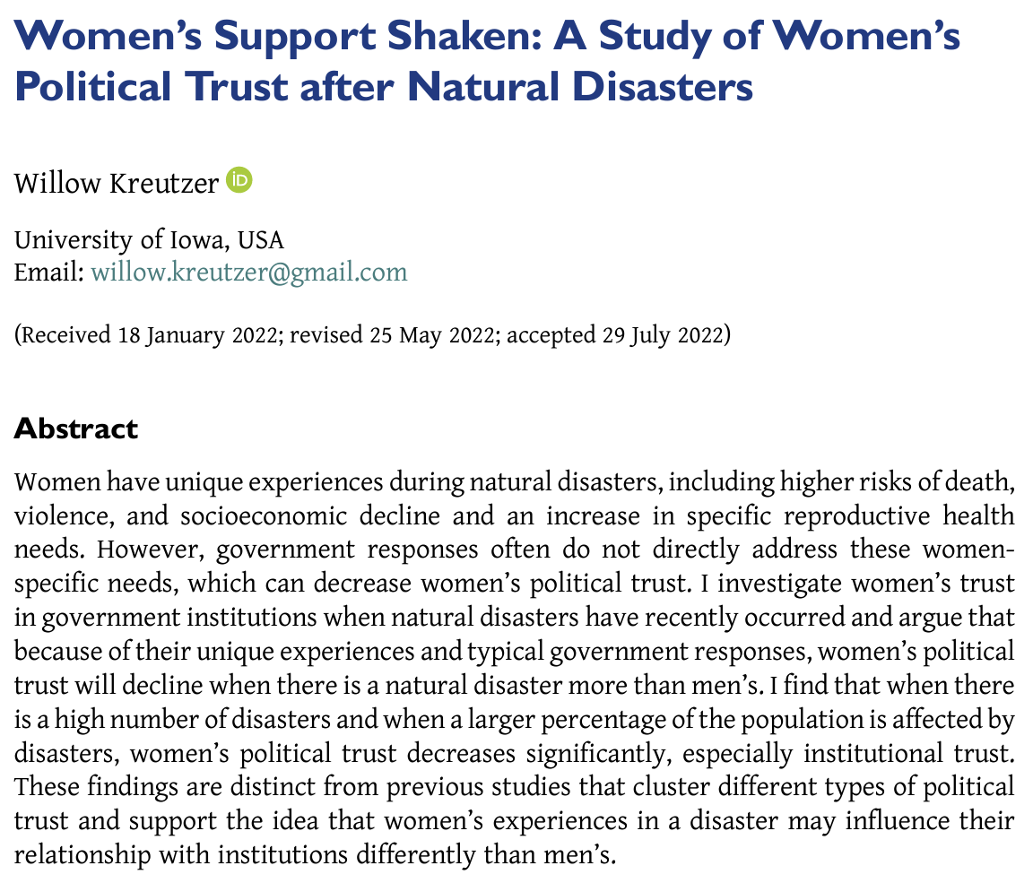 🌍Climate change is a women's issue!🌍 In 'Women's Support Shaken,' @willowkreutzer shows that government responses to natural disasters that fail to take gender inequalities into account ➡️lower levels of political trust among ♀️ #COP28 Full text ⤵️ cambridge.org/core/journals/…