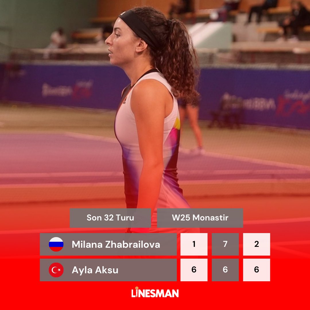 🎾 Milli raketimiz Ayla Aksu (@AylaAksu6), W25 Monastir turnuvasının son 32 turunda Rus raket Milana Zhabrailova'yı 6-1, 6-7, 6-2 mağlup ederek son 16 turuna yükseldi. #TürkTenisi • #AylaAksu